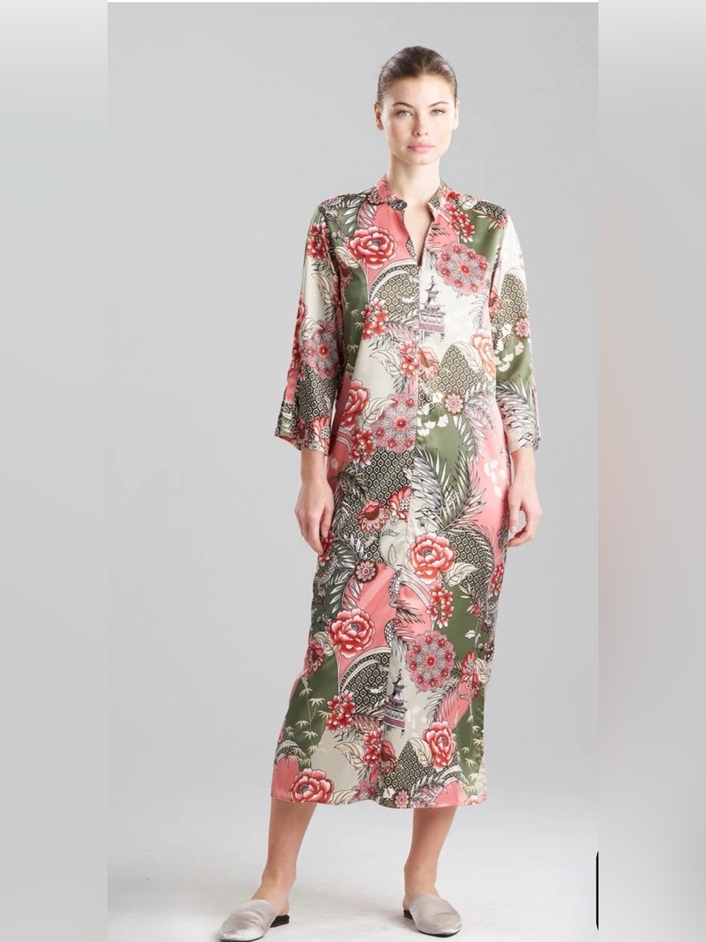 Natori Coral & Olive Floral Maxi Caftan  Dress